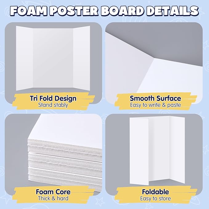 AKONEGE 2 Pack White Trifold Poster Board 36" x 48" Foam Core, Large Tri Fold Foam Poster Boards for Presentations, Science Fair Display, Photo Display, Office & School Projects, Event Exhibitions