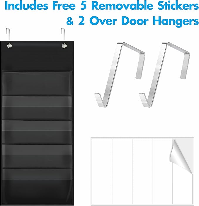 Storage Pocket Chart, Heavy Duty Wall File Organization Folder with 5 Clear File Pockets, 5 Blank Dry-Erase Name Stickers Plus 2 Over Door Hooks for Files, Bills, Classroom & Office (Black, 14” X 28”)