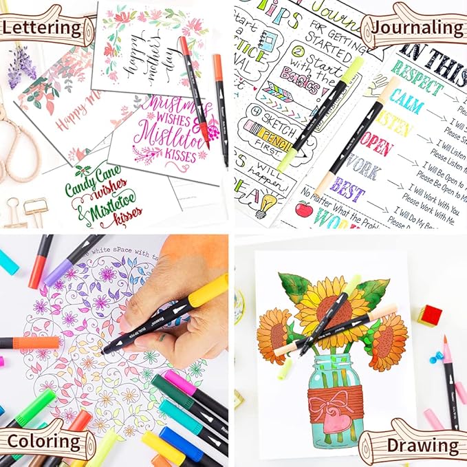 Reaeon Coloring Markers Pen, Dual Brush Tip Marker for Adult Coloring, 34 Color Calligraphy Brush Fine Tip Pen for Beginner Journal Planner, Drawing, Doodle