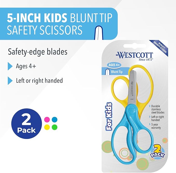 Westcott 5" Hard Handle Kids Scissors, Blunt, Assorted Colors, 2-Pack
