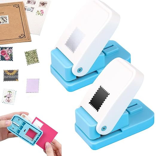 2 Pcs Stamp Punch, Rectangular Postage Shape Paper Punch, Square Hole Stamps Craft Puncher for Paper Crafting Scrapbooking, 1x0.8 Inch Scalloped Edge Stamping-Out Cutter Crafts Supplies Tools