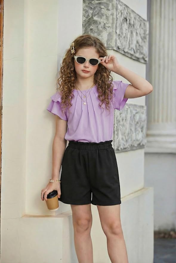 Arshiner Girls 2 Piece Outfits Summer Ruffle Sleeve Top and Paperbag Waist Shorts Set with Pockets Size 5-13 Years
