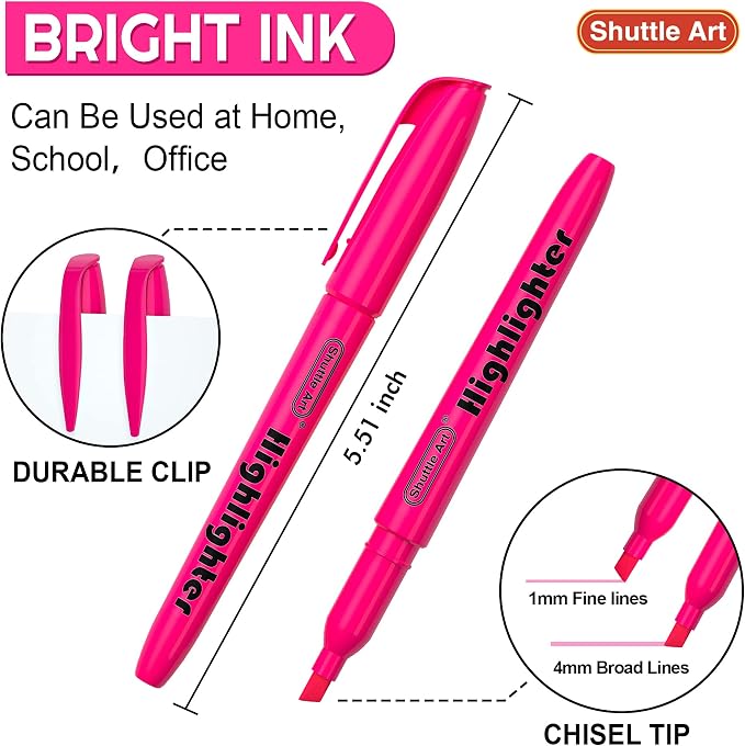 Shuttle Art Highlighters, 30 Pack Highlighters Bright Colors, Pink Colors Chisel Tip Dry-Quickly Non-Toxic Highlighter markers for Adults Students Teachers Highlighting in the Home School Office