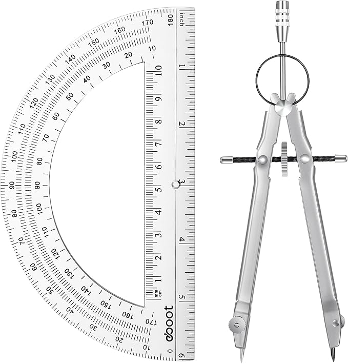 EBOOT Student Geometry Math Set, Metal Drawing Compass and 6 Inch Clear Swing Arm Protractors 180 Degree Math Protractor(Silver)