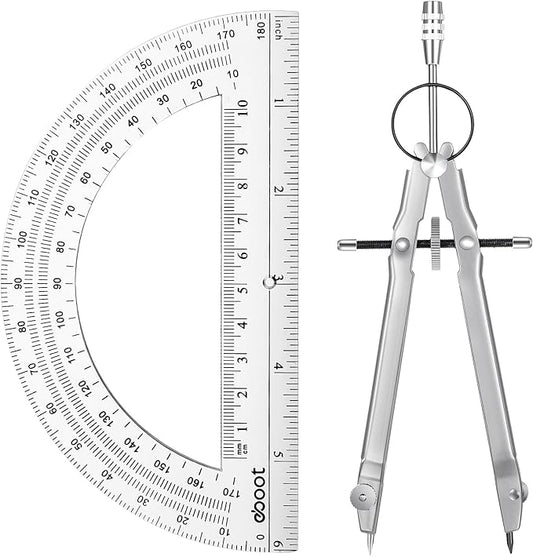 EBOOT Student Geometry Math Set, Metal Drawing Compass and 6 Inch Clear Swing Arm Protractors 180 Degree Math Protractor(Silver)