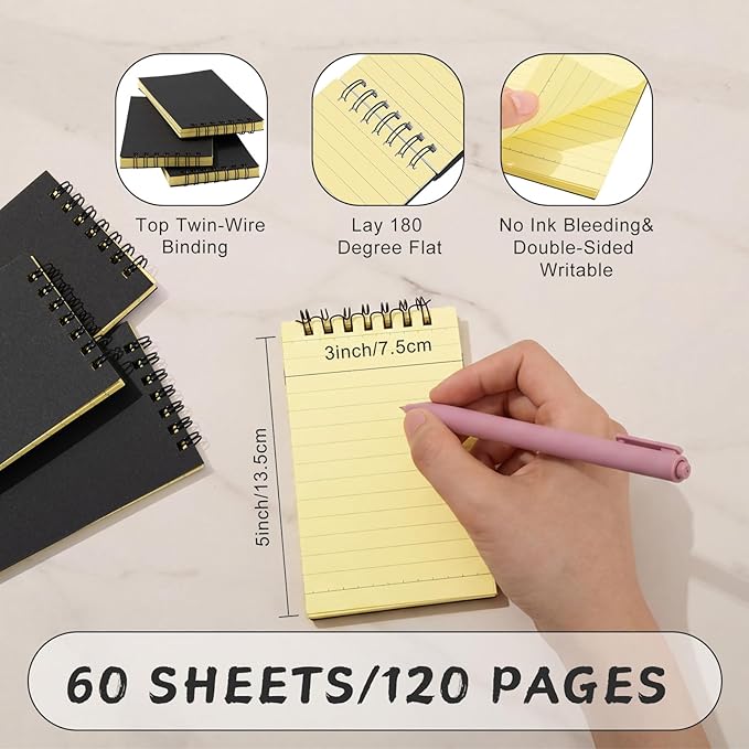 Tenceur 6 Pcs Pocket Notebook Small 3x5 Inch Black Cover Yellow Page Top Spiral Notepads Bound Notebook with Lined 120 Pages Mini Memo Pads for Office College Nurse Essentials Back to School Gift