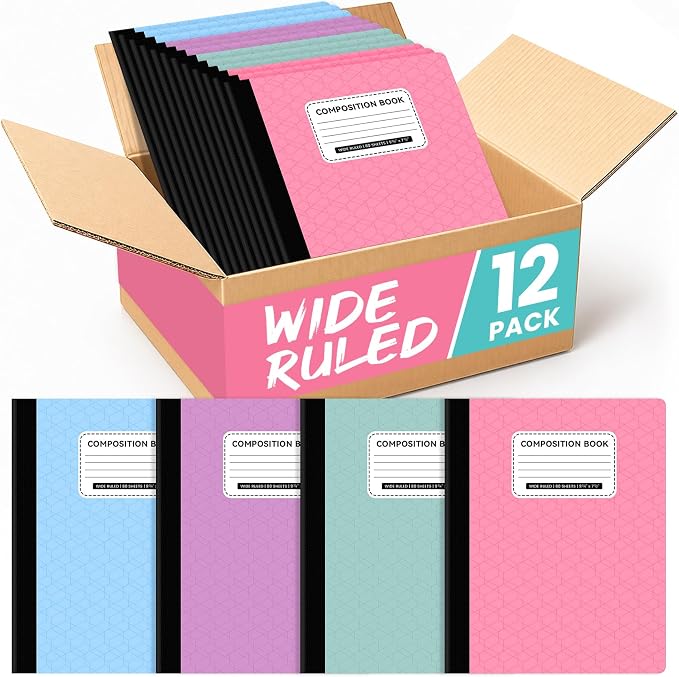 Taja Wide Ruled Composition Notebook 12 Pack School Supplies, 160 Pages