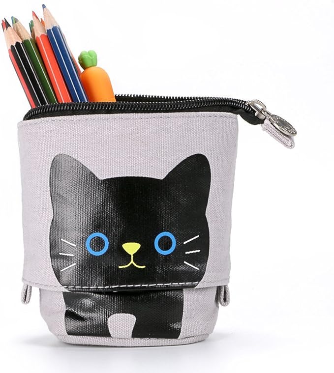 Telescopic Pencil Pouch Standing Pen Holder Cute Pencil Bags Stand Up Pen Case Cartoon Pencil/Pens Storage Box Canvas+PU Stationery Organizer Makeup Bag with Zipper Closure (Gray)