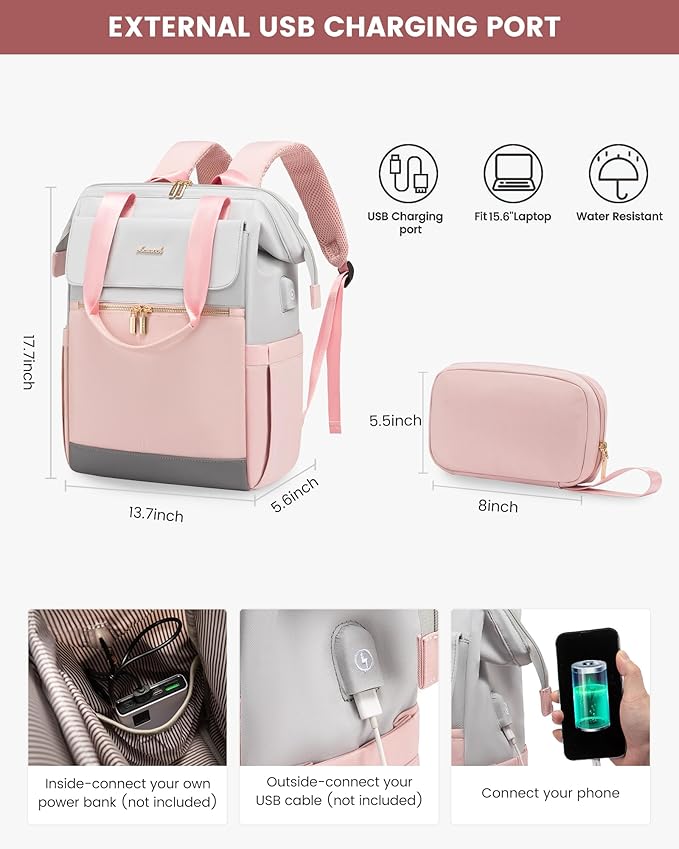 LOVEVOOK Laptop Backpack for Women, 15.6 Inch Work Laptop Bag with USB Port, Fashion Teacher Nurse Backpack Purse, Waterproof Travel Computer Backpack with Organizer Bag, 2PCS, Grey-Pink