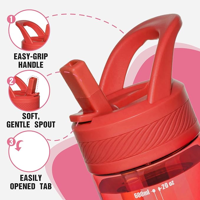 OLDLEY 20oz Kids Water Bottle with Straw, BPA-Free Tritan Water Bottle for School, Leakproof Clear Water Bottle with One Click Open, Measurement Scale, Cup Holder Friendly for Boys Girls,Clear Red