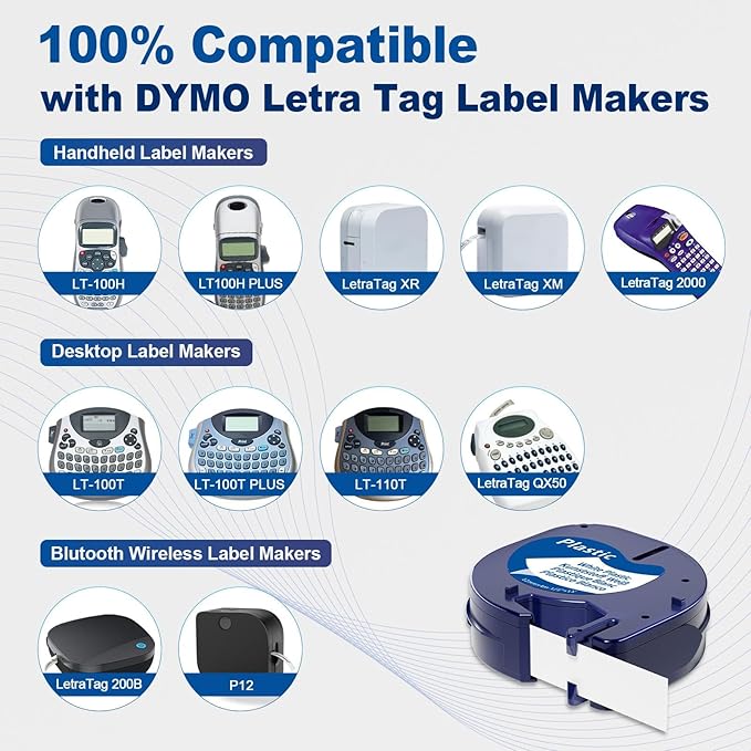 Replace for Dymo Letratag Refills White Plastic 12mm Compatible for Dymo Label Maker Refills White Plastic 1/2'' for Letra Tag Label Maker Refills 91331 for 100H 100T Plus 200B QX50 XR XM, 5-PK