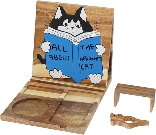 Wooden Foldable Book Holder Stand for Reading Rest,Acacia Triangle Book Holer with Cup,Glasses,Pen,Watch & Phone Stand,Book Rest,Book Nook Reading Valet for Readers and Bookworms Gifts