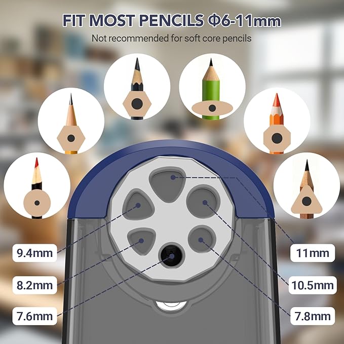 AFMAT Electric Pencil Sharpener for Classroom, 6 Holes, Cordless & Rechargeable, Fast Sharpen, Auto Stop, 10K+ Uses, Heavy Duty Pencil Sharpener for 6-11mm No.2/Large/Colored Pencils PSD2(Blue)