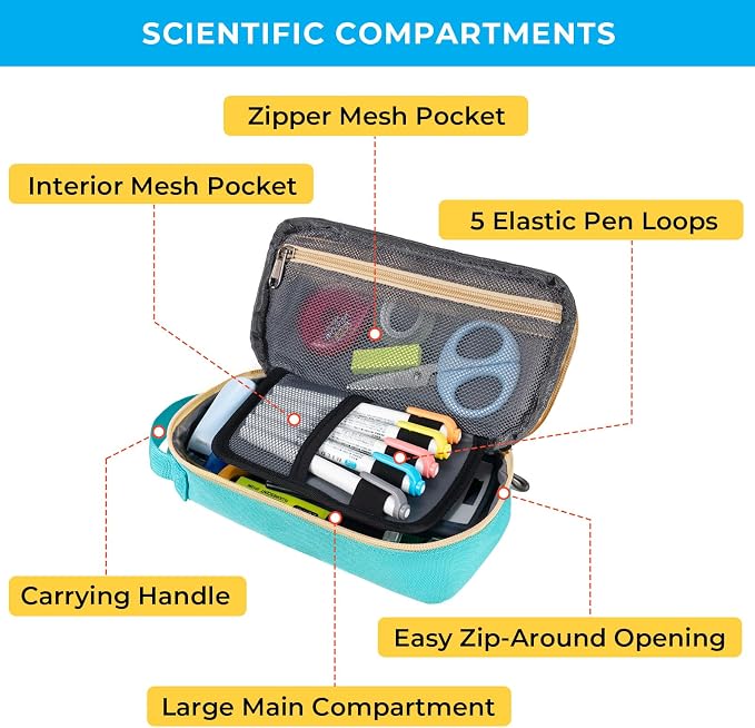 ECHSRT Large Capacity Pencil Case with Hidden Pocket, 1200D Oxford Fabric Zipper Pencil Pouch with Handle, Multi-Pocket Stationery Organizer for Office, College, Travel and Daily Carry, Teal