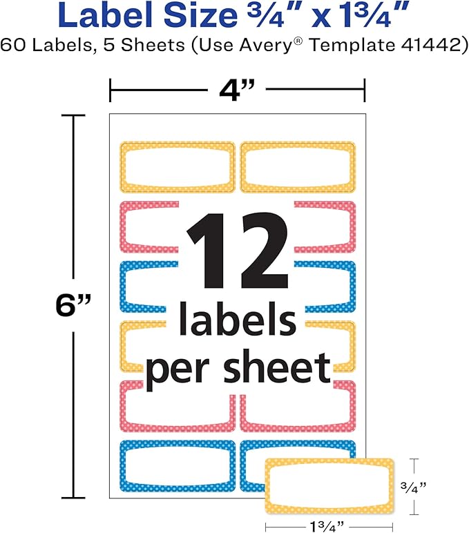 Avery® Durable Labels for Kids' Gear, 3/4" x 1-3/4", Assorted Border Colors, Water-Resistant Labels, 60 Total (41442)