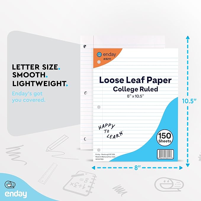 Loose Leaf Paper Bulk, 1800 Sheets, College Ruled, (12 Pack) 150 Sheets Per Pack, 8" x 10.5" White Filler Paper, 3 Hole Punched Binder Paper for 3 Ring Binders, Notebook Paper - By Enday