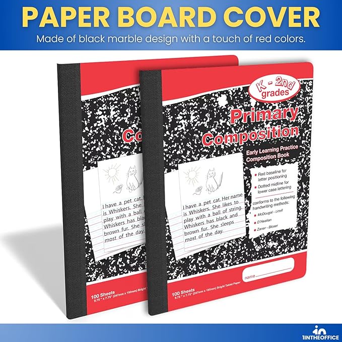1InTheOffice Primary Composition Notebook K-2, Primary Journal, Kindergarten Notebook, 7.5" x 9.75", 100/Sheets, Red/Black Marble, 4 Pack