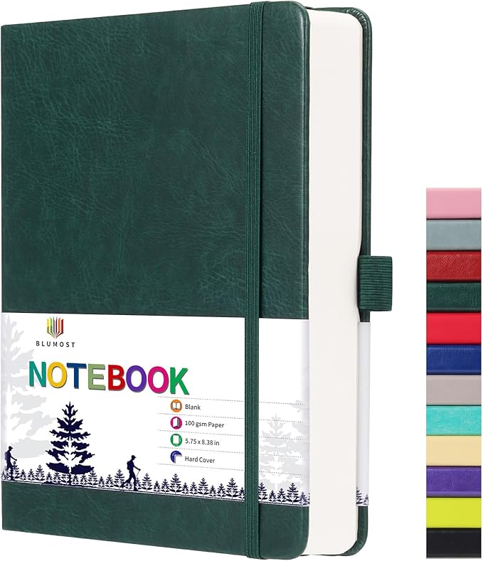 Blank Paper Notebook - 280 Pages A5 Blank Journal Notebook with 100gsm Thick Blank Paper, Hardcover, PU Leather, 5.75'' × 8.38''-Dark Green