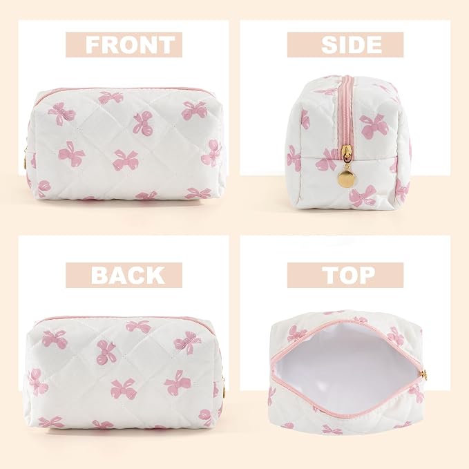 Makeup Bag Travel Toiletry Bag for Women, Small Cosmetic Bags Cute Quilted Cotton Makeup Pouch for Purse Emergency Bag Pencil Case Accessory Bag, Pink Bow
