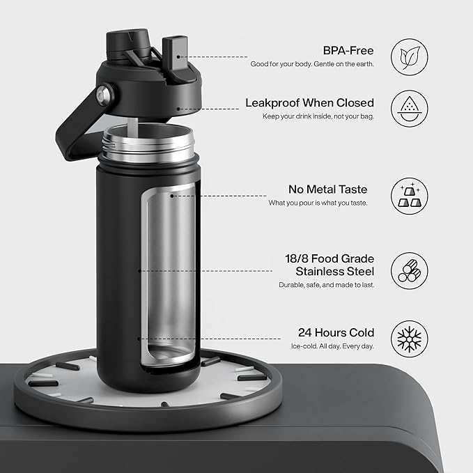 ENCOOL Insulated Water Bottle with Straw Stainless Steel Water Bottle, Leak-Proof, BPA-Free, Double Wall Vacuum Keeps Cold for 24 Hours for Sports, Travel, School (18 oz, Black Night)