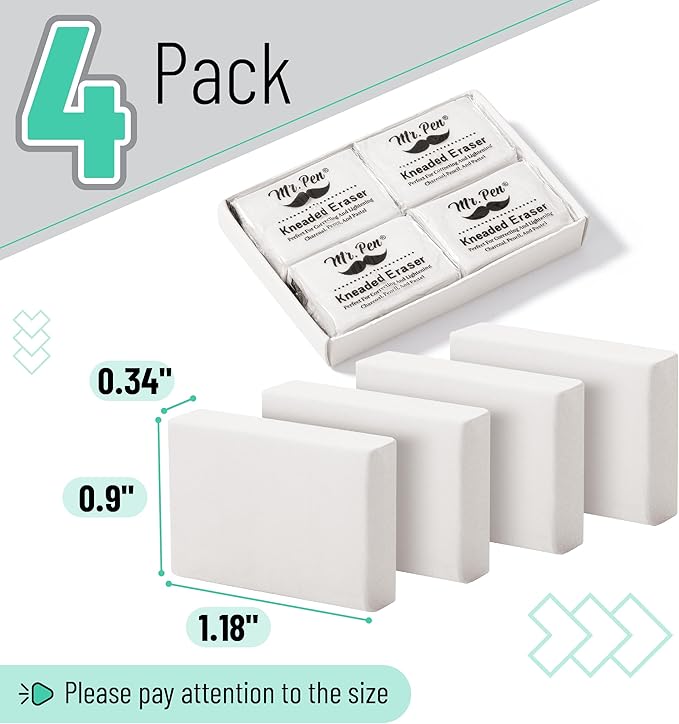 Mr. Pen- Kneaded Erasers, 0.9" x 1.18", 4 Pack, White, Soft Moldable Art Erasers for Charcoal, Graphite & Pastel Drawing, Precision Highlighting, Smudge Control, Easy Shaping for Artists & Students