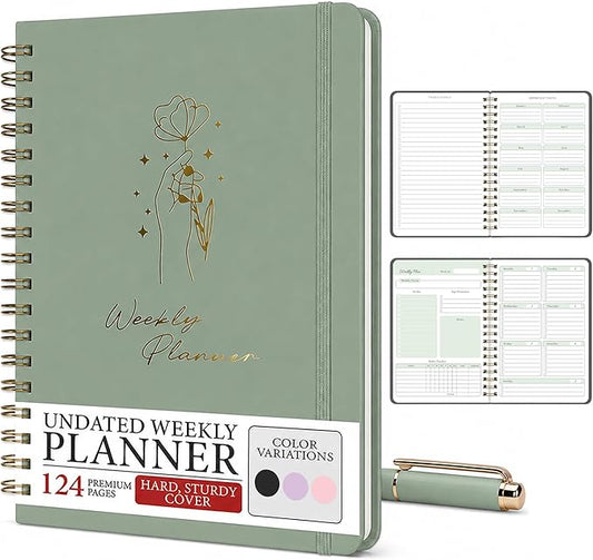 Undated Weekly Planner & Notebook for Work, School & Home - Aesthetic Hardcover Spiral Blank Planner with Habit Tracker, Goal Organizer & To Do List - 124 No-Bleed Pages, 6.4×8.5", Green