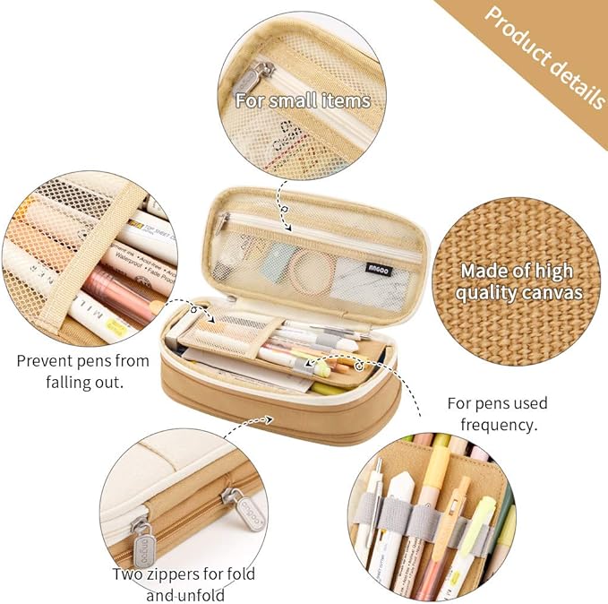 EASTHILL Big Capacity Pencil Pen Case Office College School Large Storage High Capacity Bag Pouch Holder Box Organizer Khaki