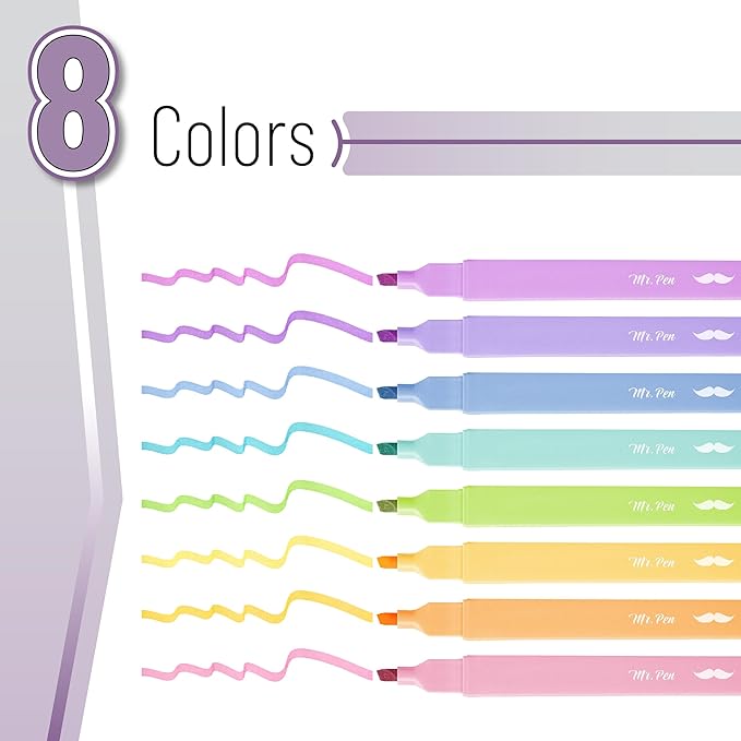 Mr. Pen- Aesthetic Highlighters No Bleed, 8 Pack, Pastel Candy Colors, Chisel Tip, Cute Highlighters Assorted Colors for Journaling, Highlighting, Underlining, Fast Dry, Back to School Supplies