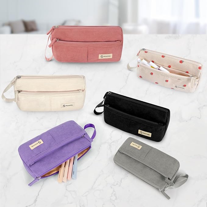 FINPAC Pencil Case, Corduroy Triangle Makeup Bag Kawaii Pen Bag Pouch | Pencil Holder Box Organize for Study, Office, or Travel, Beige