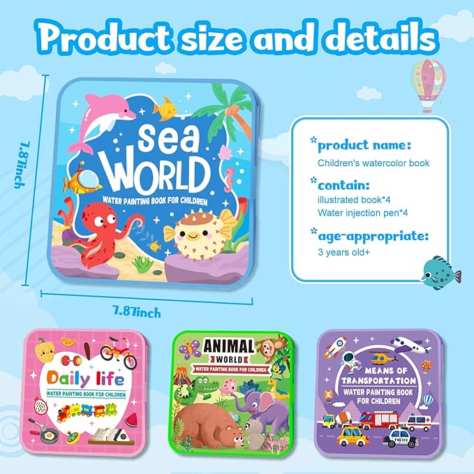Water Painting Book for Kids - 4 Pack Magic Water Coloring Book with Water Pen Themes - Mess Free Water Art Book for Toddlers,No Mess Paint Coloring & Reusable Fun for Ages 3+ Travel Activity Toys