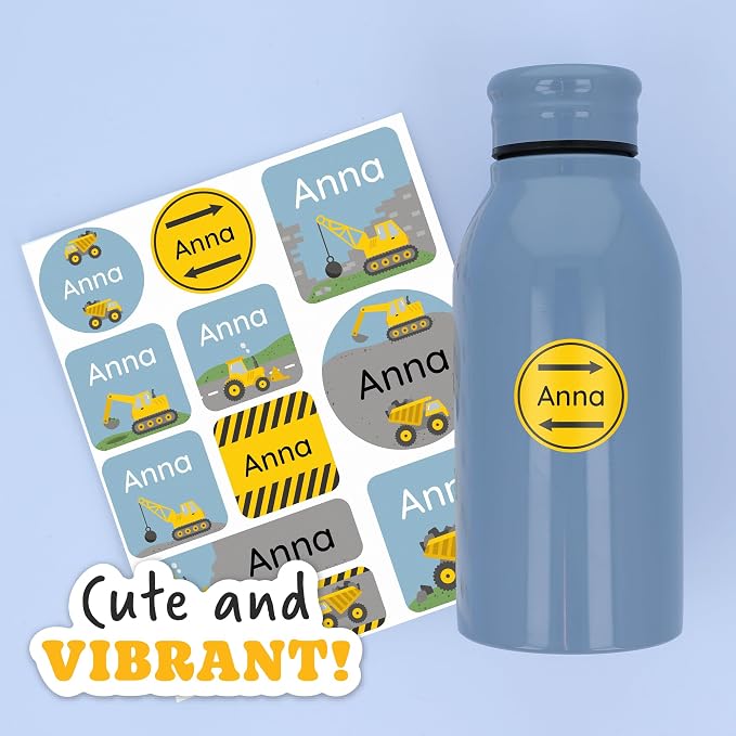 Camp Name Labels for Kids (33) – Personalized Stickers & Daycare Labels – Waterproof for Water Bottles, Lunch Boxes & School - Constructions