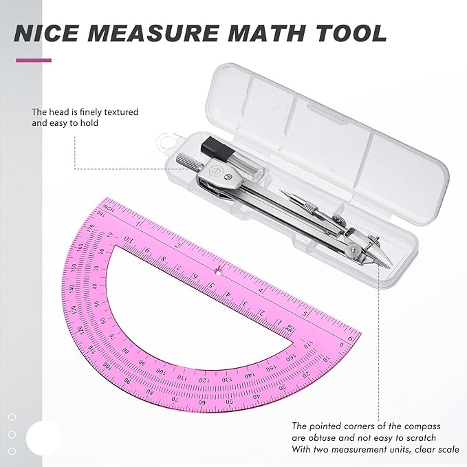 Zonon Student Protractor and Compass Set, Student Geometry Math Set, Compass for Geometry and 180 Degree 6 Inch Protractor for Drawing Measuring School Office (1 Pcs,Pink)