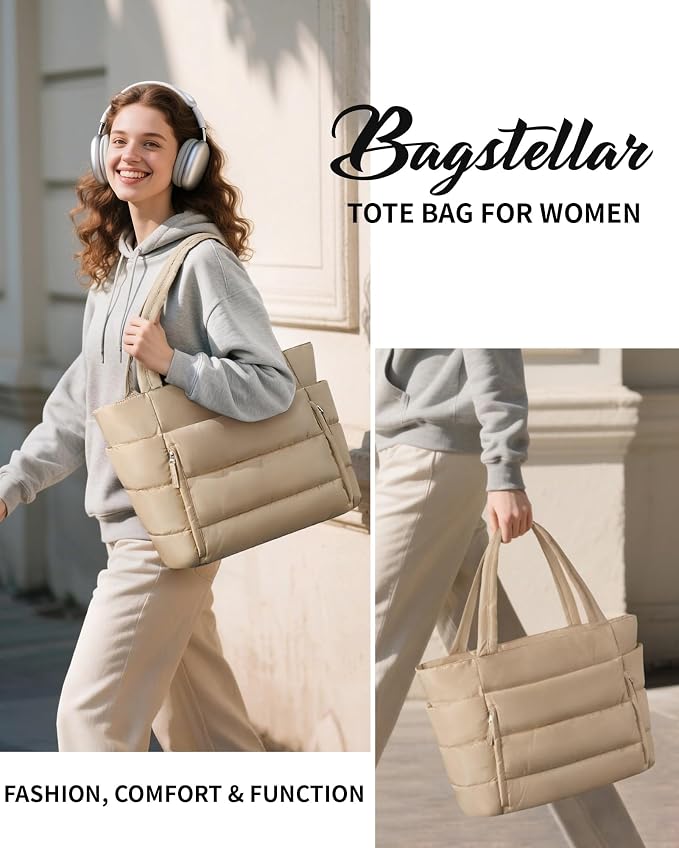 Bagstellar Puffer Tote Bag for Women, Lightweight Puffy Work Handbag Teacher Nurse Quilted Shoulder Bag for School Travel Gym | Cloud Bag w/ Zipper