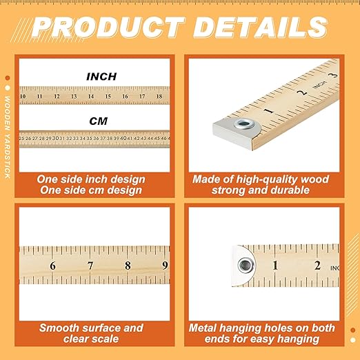 Hoteam 10 Pcs Heavy Duty Wooden Yardstick 36 Inches Natural Wood Yard Stick Ruler with Hang Hole Metal Tips 1/4-inch-thick Yardstick Ruler Metal Ends Meter Stick Clothing Measuring Home Office