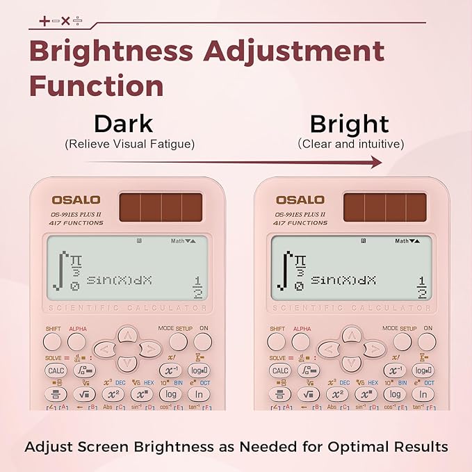 OSALO Scientific Calculator 417 Function 2 Line Written Display 10+2 Digits Solar and Battery Calculators for Students Secondary School College Pink (OS 991ES II)