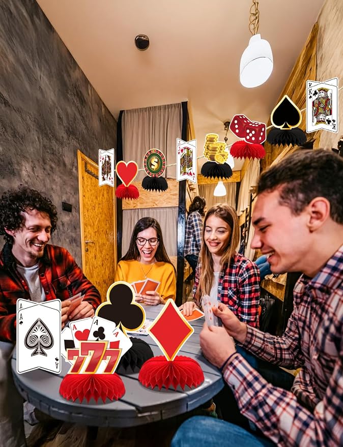 12Pcs Casino Theme Party Decorations, Casino Centerpieces for Tables 3D Red Black Honeycomb Centerpieces Topper Poker for Las Vegas Themed Birthday Game Night Casino Poker Party Supplies