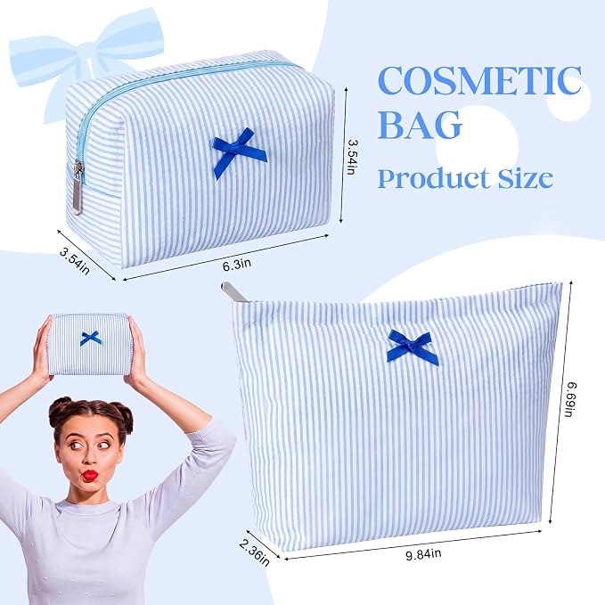 Huhumy 2 Pcs Bow Tie Makeup Bag Set, Stripe Cosmetic Pouch for Women, Seersucker Travel Toiletry Bag, Preppy Makeup Purse Pouch, Aesthetic Skincare Brushes Storage Organizer for Women Gifts(Blue)