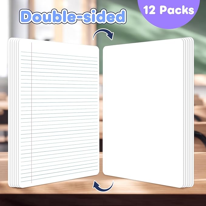 12 Packs Lined Paper College Ruled Whiteboard Paper, Dry Erase Notebook Sheets Reusable to Do List Small White Board with Lines for Students, Erasable Desk Notepad Teacher Classroom Supplies