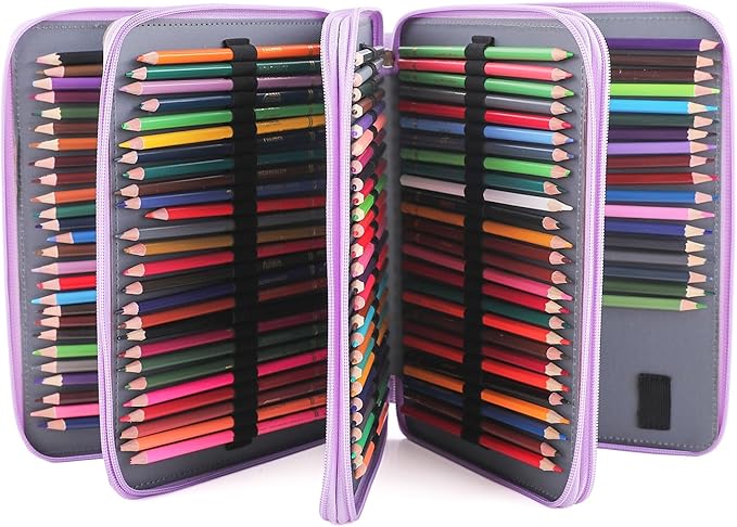 Vomgomfom 200 Slots Pencil Bag, 4-Layer Zipper Portable Art Supply Organizer, PU Leather Large Capacity Colored Pencil Case with Handle for 200 Watercolor Pens, Gel Pens (Purple)