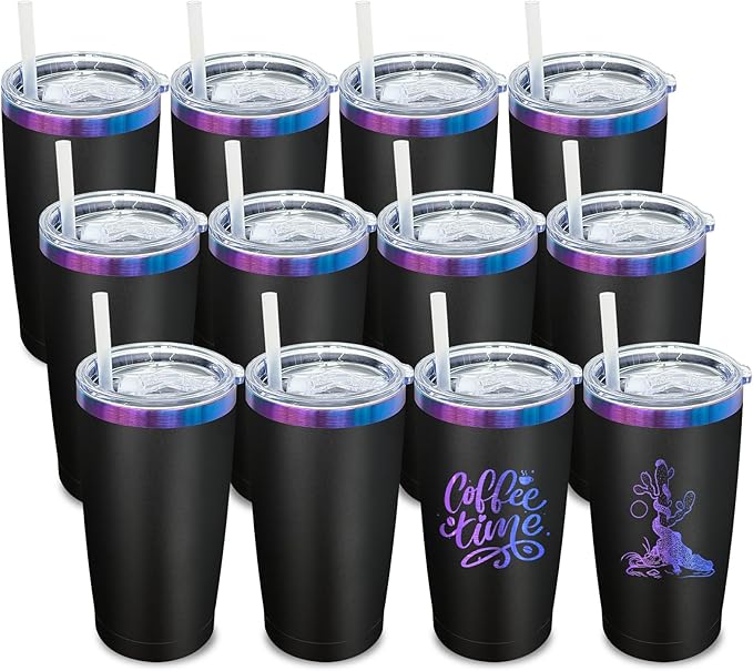 20 oz Tumbler Bulk Stainless Steel Tumbler with Lid and Straw, Double Wall Vacuum Insulated Travel Coffee Mug for Laser Engrave, Powder Coated Cup for Hot and Cold Drinks (Black,12 pack)
