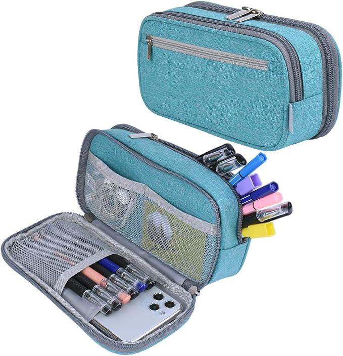 Big Capacity Pencil Case Large Pencil Bag Pouch Pen Case Pencil Marker Holder with 3 Multi Compartments for Office Stationery Organizer Storage Makeup Bag, Light Blue