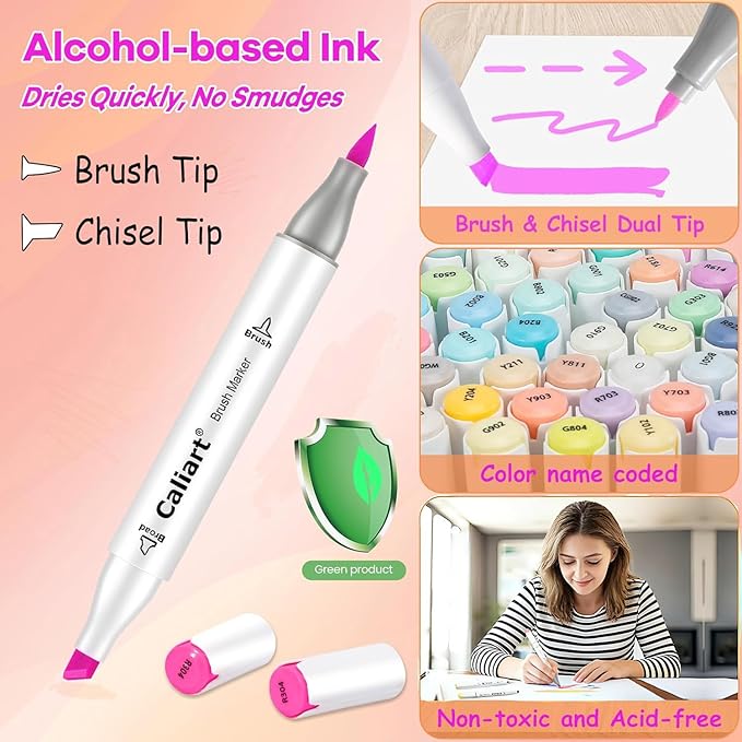 Caliart Pastel Alcohol Markers Brush Tip 61 Colors, Dual Tip Chisel & Brush Set Permanent Art Markers with Case for Artists Adult Coloring Books Illustration Drawing Supplies Gifts, Colorless Blender