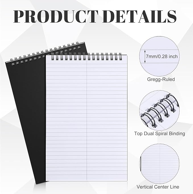 Fuyoooo 6 Pack Steno Pads Spiral 6 x 9 Inch Gregg Rule 100 Sheets Steno Notebook Top Spiral Notebook for Writing Steno Books for Office College Home Office (Black)