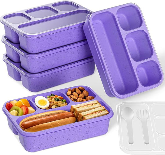 Bento Box 5-Pack, 4-Compartment Lunch Box for Women, Men & Kids, BPA-Free Wheat Straw Snack Containers, Ideal for Meal Prep, Travel, School, Work (Purple)