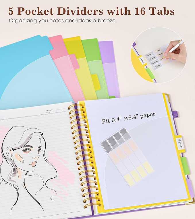 Hardcover Large Spiral Notebook journal with Removable Dividers Tabs, 300 pages Leather 5 Subject Notebook College Ruled, 8" x 10"Journal for Women Men, Notebooks for Work School Note taking,B5 Purple