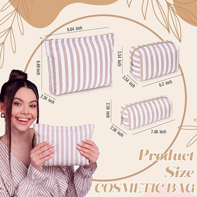 Huhumy 3 Pcs Makeup Bag Set Cute Cosmetic Pouch for Women Aesthetic Seersucker Travel Toiletry Bag Set Preppy Small Makeup Purse Pouch Wide Stripe Cosmetic Organizer Pencil Case with Zipper(Khaki)