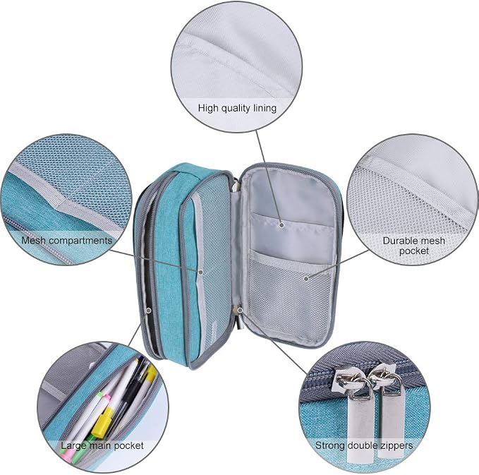 Big Capacity Pencil Case Large Pencil Bag Pouch Pen Case Pencil Marker Holder with 3 Multi Compartments for Office Stationery Organizer Storage Makeup Bag, Light Blue