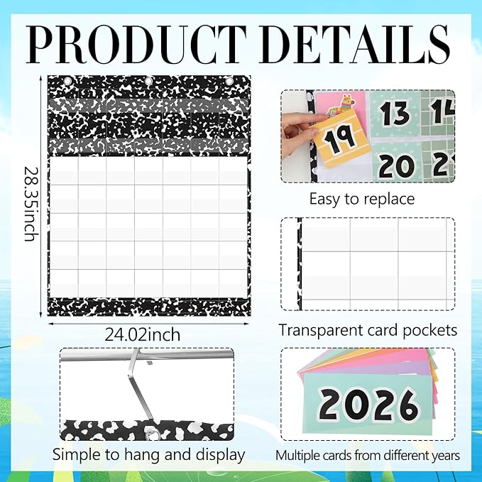 Tinlade Classroom Calendar Pocket Chart Set with 115 Cards 24 x 28 Inch Cute Cartoon Calendar Bulletin Board Pocket 2026–2033 Festival Weather Teacher Supplies for Classroom Wall Decoration