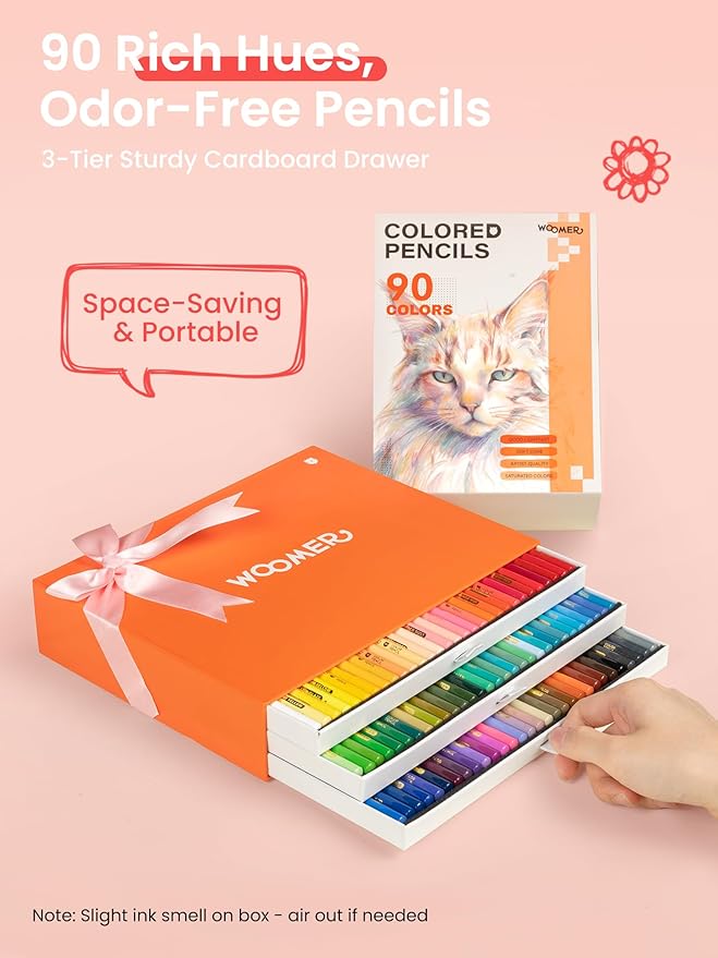 Woomer Colored Pencils with Paper: 90 Colors, 3.8mm Soft Core, Smooth as Cream, Lightfast Rating Marked on Every Pencil, Not Easy to Break, Open Inventory, Slide-Out Drawer Case