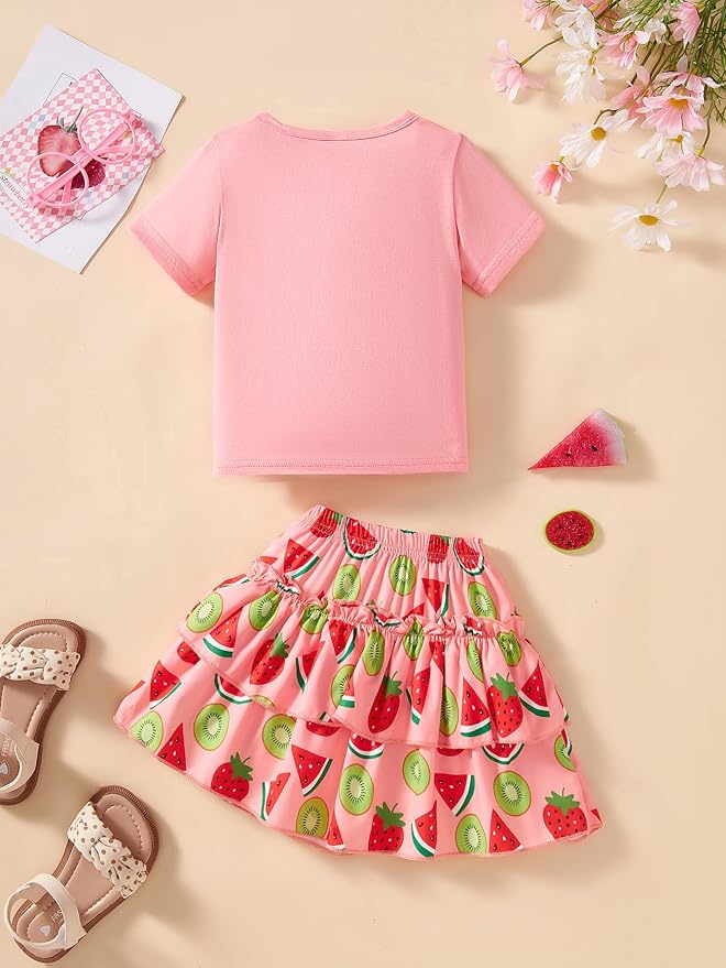 Little Girls Skirt Set - 2 Piece Short Sleeve Top Shirred Tiered Skirt Outfit Girls Spring Summer Clothes 3-8 Years